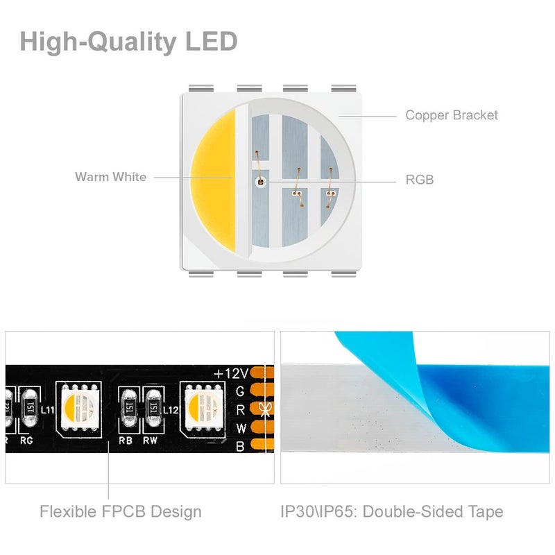 BTF-LIGHTING 5050 RGBW RGB+Warm White(2700K-3000K) 4 Colors in 1 LED Tape Light DC12V 5m 16.4ft 60LED/m Multi-Colored IP65 Black 12mm PCB for Bedroom Kitchen Home Decoration(No Adapter or Controller) - Image 3